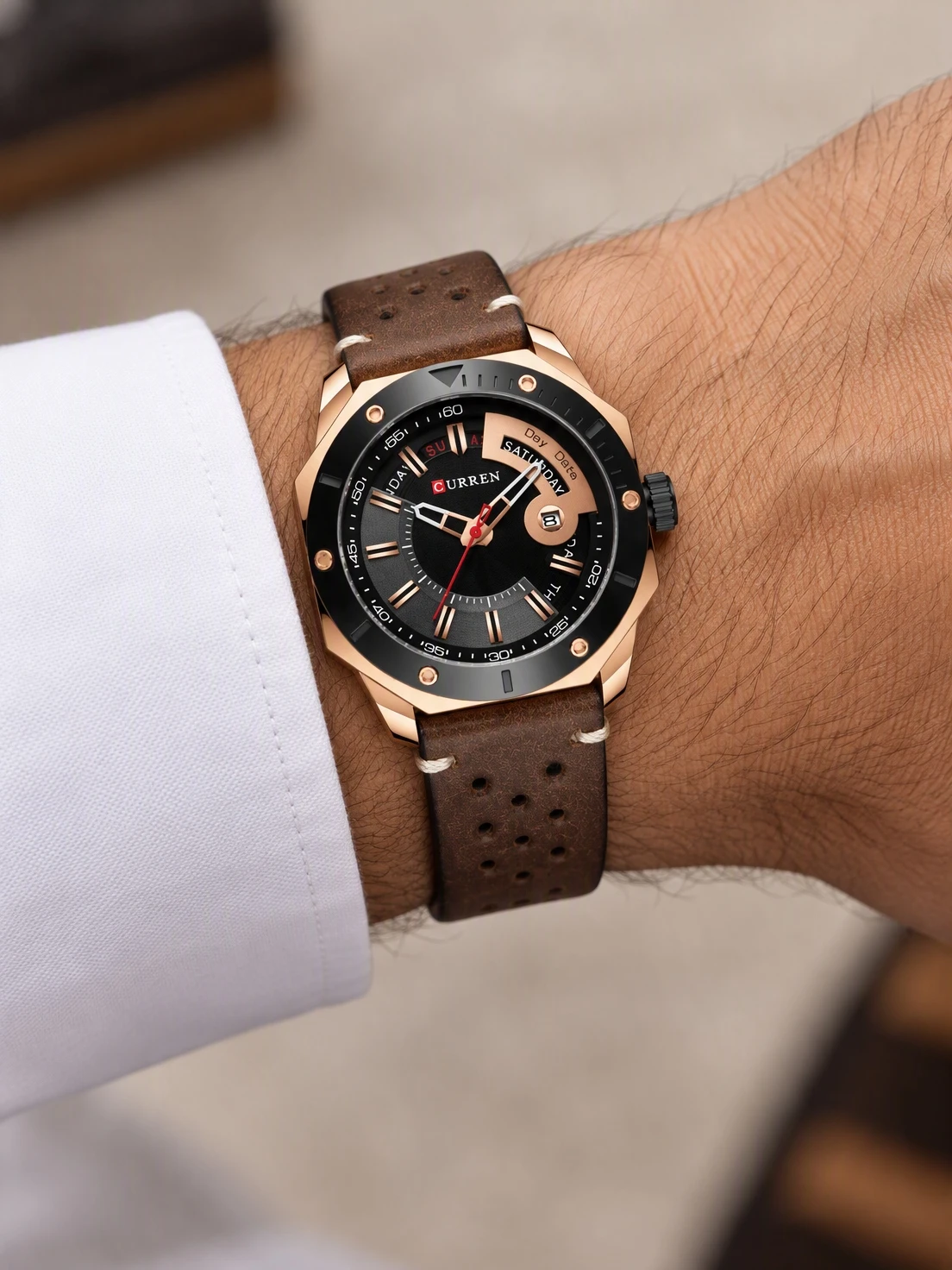 Rose Day-Date Leather worn on the wrist