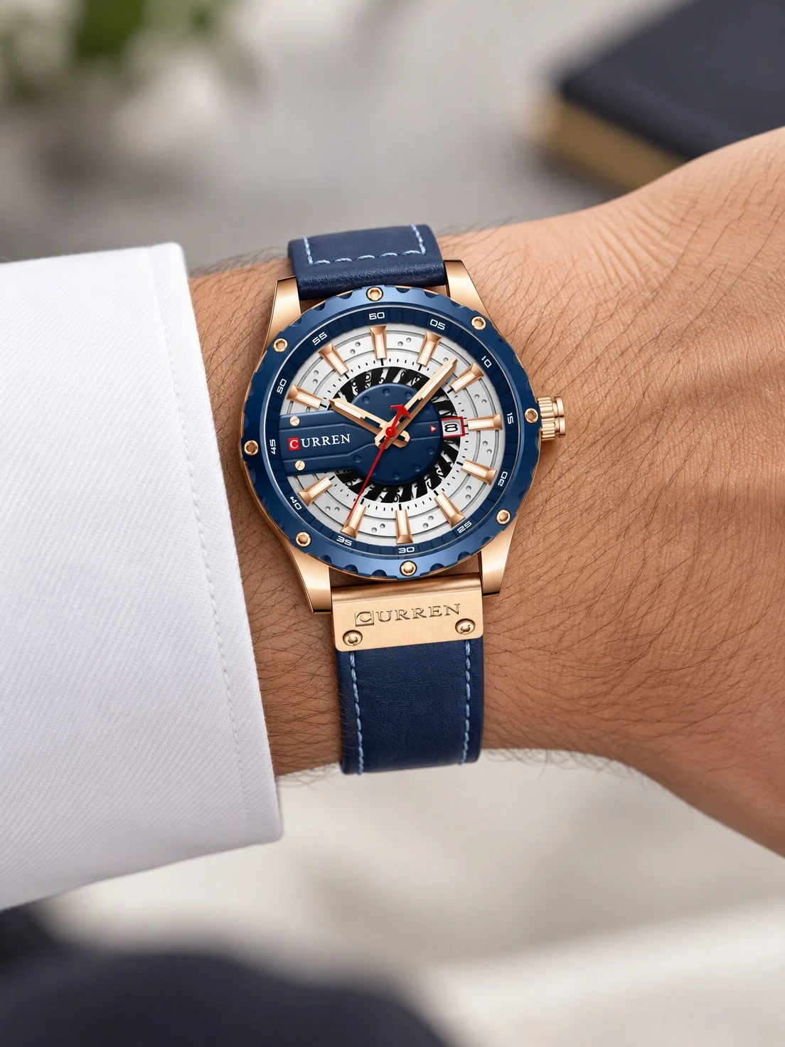 Navy Turbine Rose Leather worn on the wrist