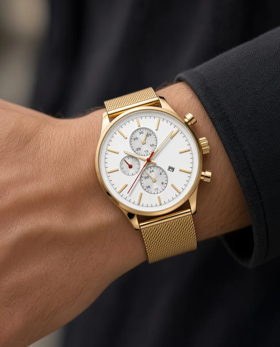 Gold Mesh Tachymeter Chronograph on the wrist