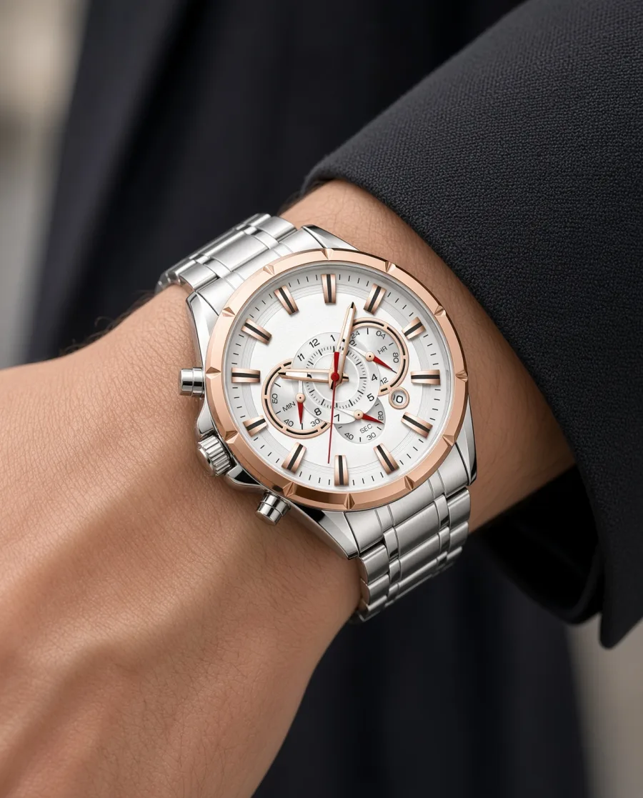 Ivory Rose Bezel Chronograph Steel on the wrist