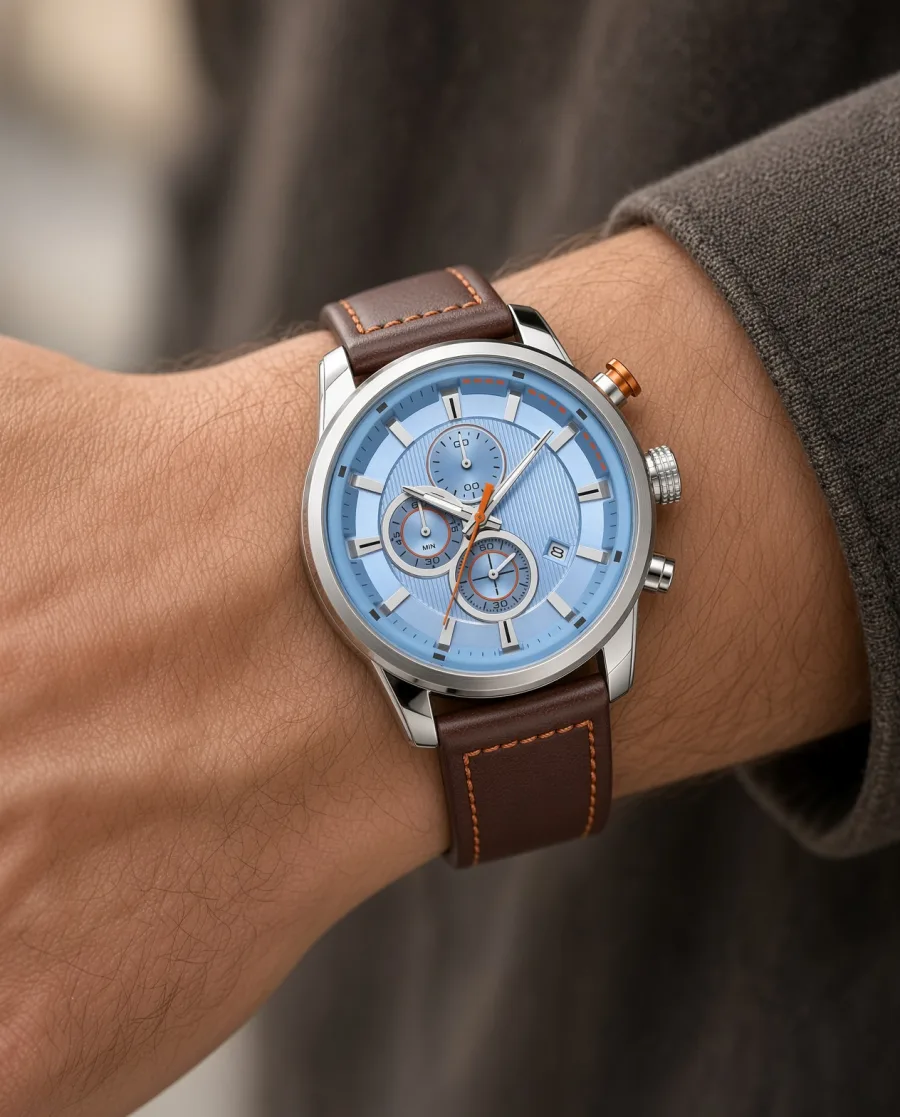 Azure Chronograph Leather on the wrist